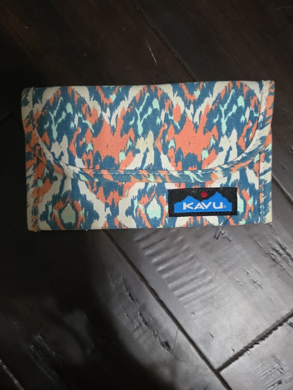 Kavu Canvas Wallet in Teal, Coral & Cream Abstract Print